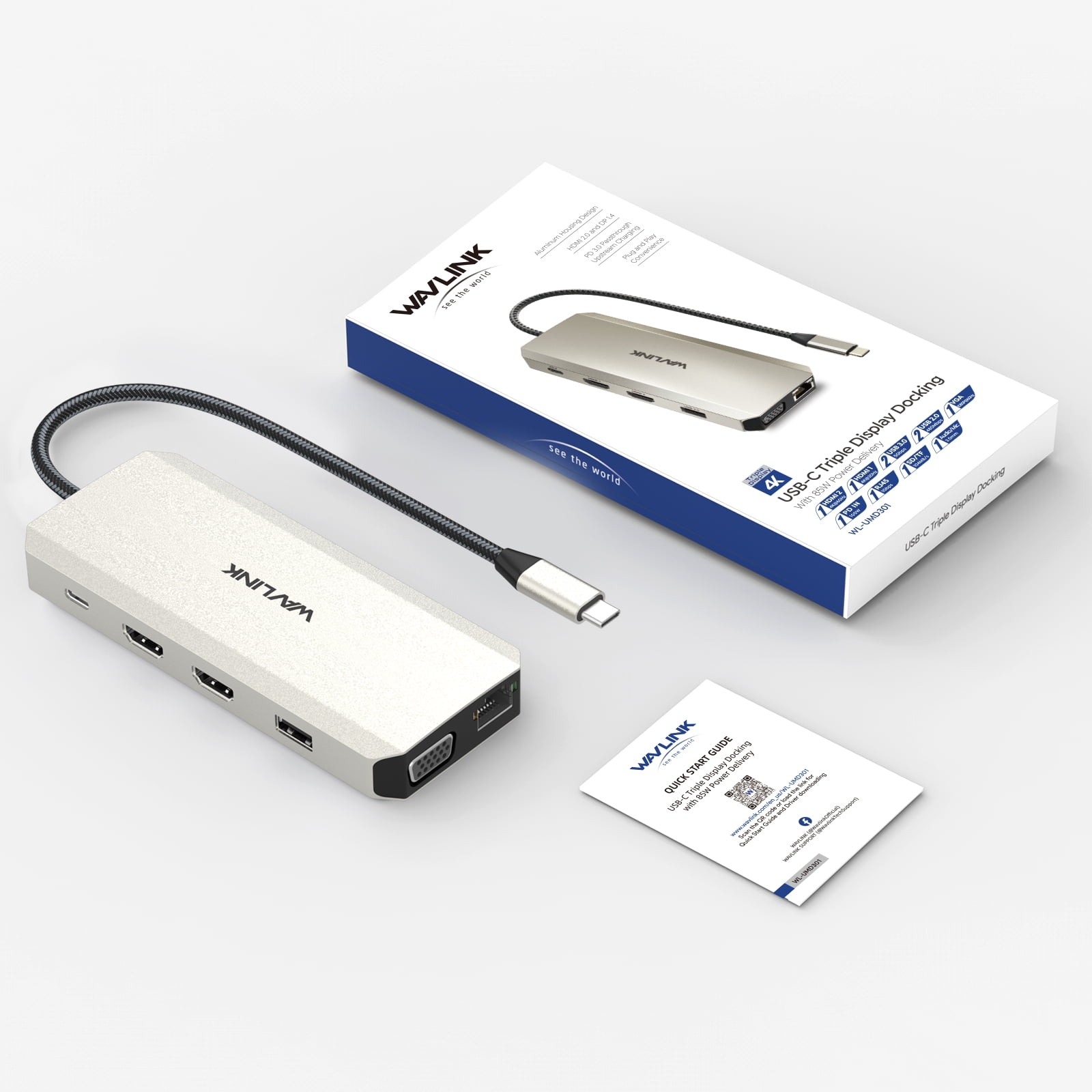 Wavlink USB C Dock 85W Charger USB C Hub, Dual Monitor 4K@30Hz HDMI, 2K@60Hz VGA, USB 3.0, USB 2.0, SD/TF, Gigabit Ethernet
