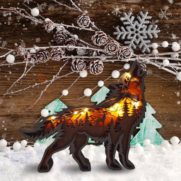 Artesanías De Madera 3D Escultura de talla de lobo artesanal de madera de animales de bosque 3D (lobo + cuerda de luz) Wdftyju Libre de BPA