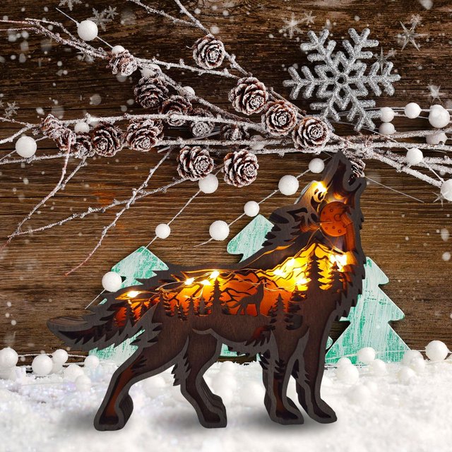 Artesanías De Madera 3D Escultura de talla de lobo artesanal de madera de animales de bosque 3D (lobo + cuerda de luz) Wdftyju Libre de BPA
