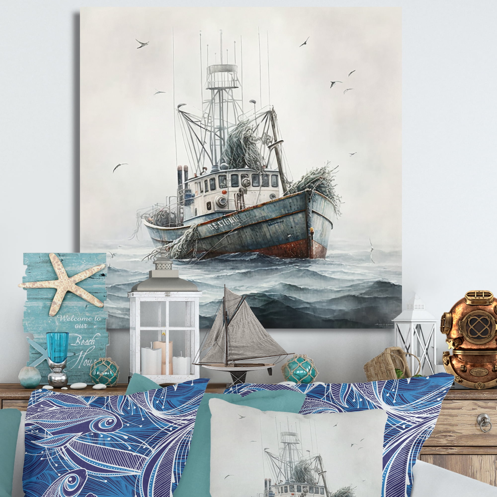 Designart Fisherman'S Boat On The Ocean I Canvas Wall Art