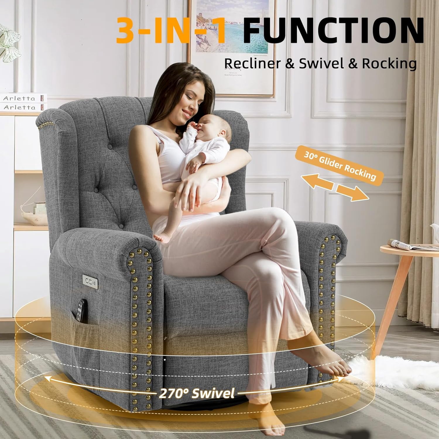 Power Swivel Rocking Glider Recliner Chair, Electric Nursery Reclining Sofa Chair with Heat and Massage, Wingback Tufted Upholstered Recliner for Living Room, USB and Type-C Ports, Grey