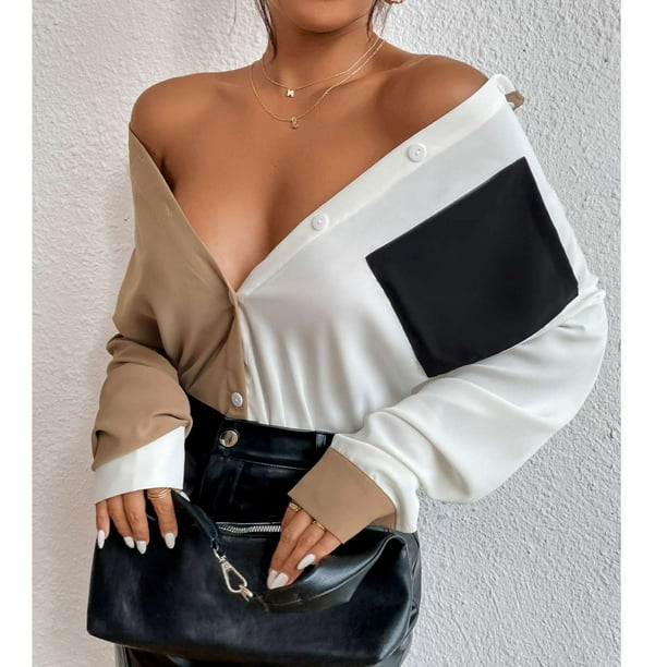 Camisa de mujer con botones de una sola fila costura de color manga larga bolsillo de un lado dobladillo suelto camisa informal para uso diario