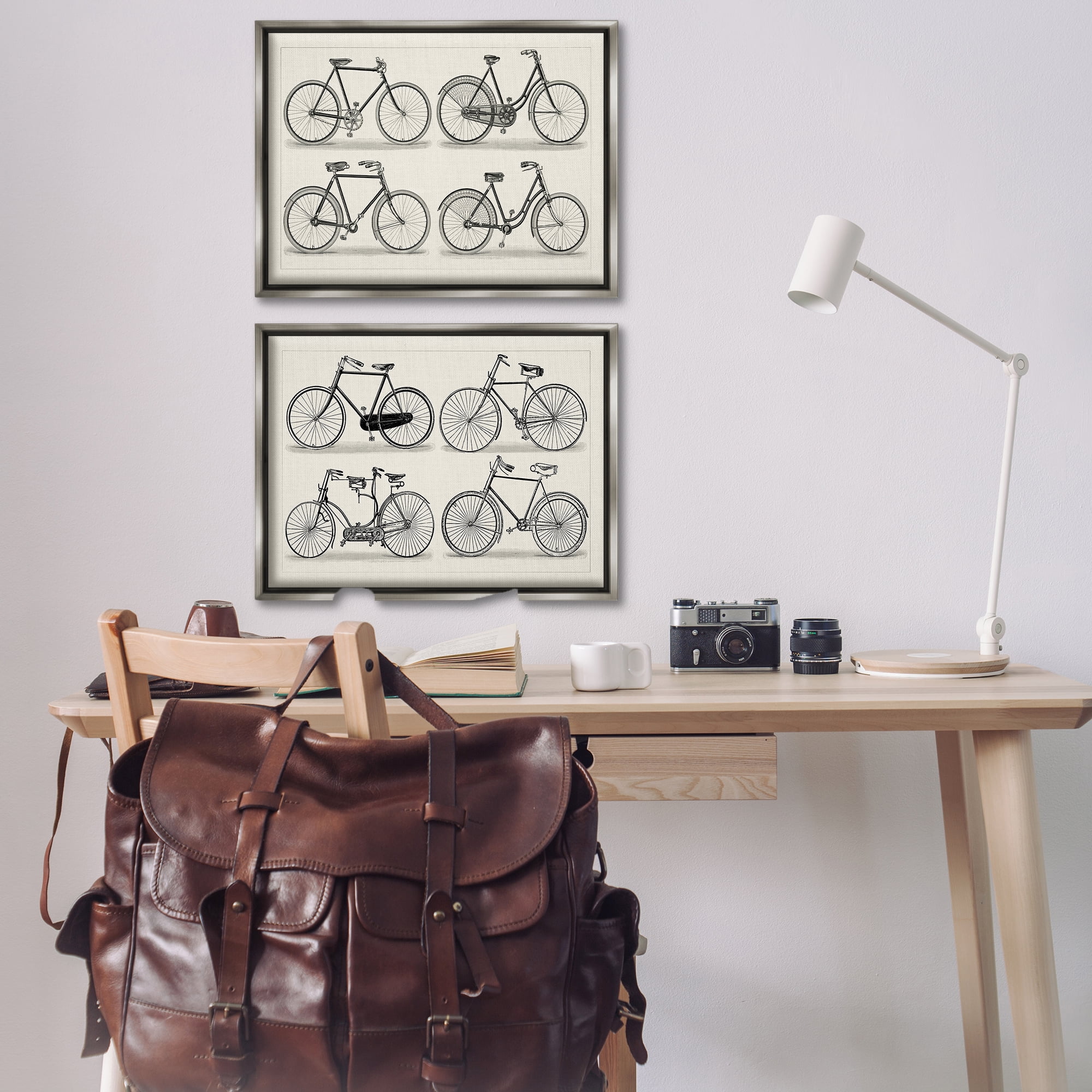 Stupell Industries Vintage Bicycle Styles Transportation Painting Gray Floater Framed Canvas Art Print Wall Art, 31 x 21, Set of 2