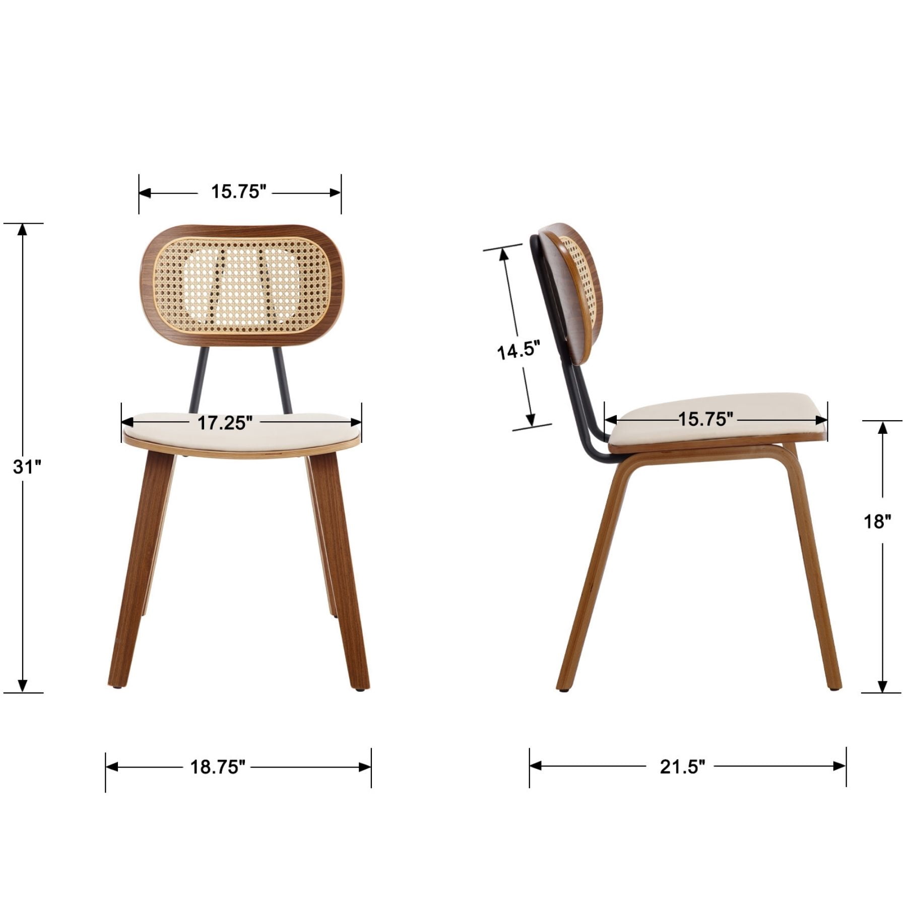 Modern Mid-Century Dining Chairs Set of 4,Upholstered Faux Leather Side Chairs with Rattan Backrests and Wood Legs for Dining Room, Kitchen or Living Room, Beige