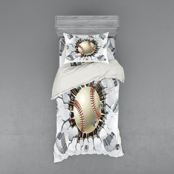 Ambesonne Sports Bedding Set 3 Pcs, Baseball Wall Concrete, Twin, Ivory Pale Grey Orange