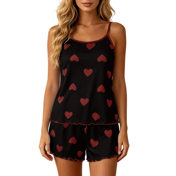 Gytharion Lounge Pj Sets for Women Plus Size Summer 2-Piece Pajama Sets Short Printed Camisole with Elastic Waist Ruffle Shorts Women's Home Sleepwear Sets