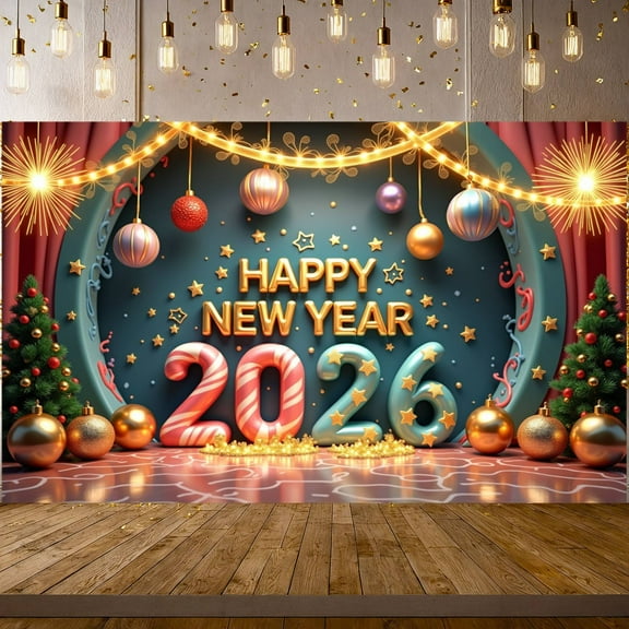 Golden Lettering Happy New Year Banner Colorful Ornaments New Year Display Star Pattern Christmas Tree Decor 2026 Backdrop for New Year Party Holiday Celebration Indoor Decoration