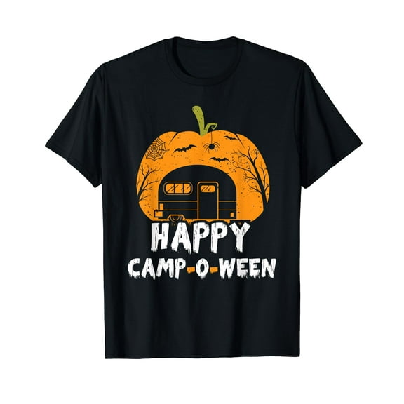 Happy Campoween Funny Halloween Camping Costume For Camper Crew Neck Black T-Shirt