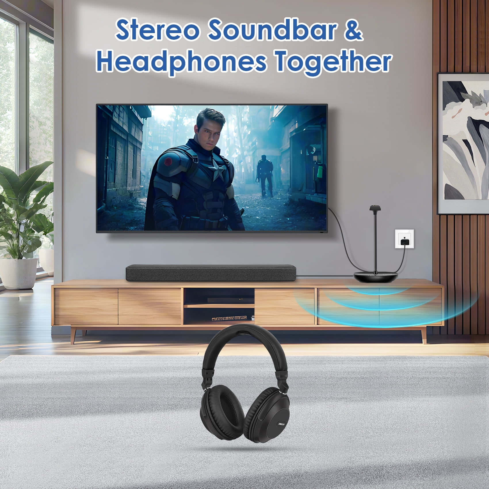 SIMOLIO Wireless TV Headphones for Seniors w/ Transmitter, Wireless Headphones for TV with Clear Dialogue, 164FT/50M, SM-737D1