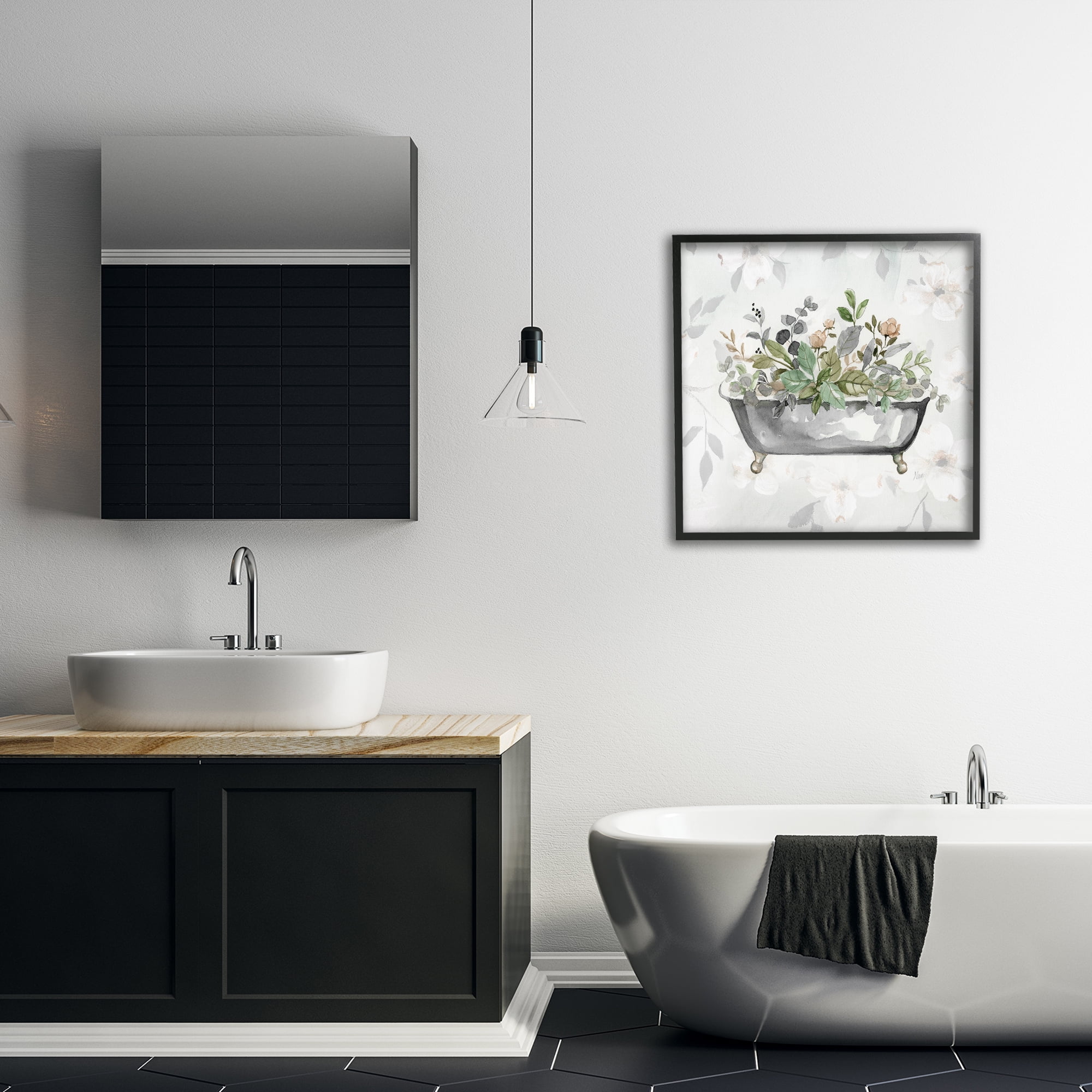 Stupell Industries Leaf Patterned Bath Typography Painting Black Framed Art Print Wall Art, 24 x 24