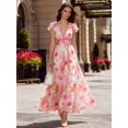 thumbnail image 3 of Pink Floral Print V-Neck Romantic Elegant Long Maxi Dress, 3 of 5