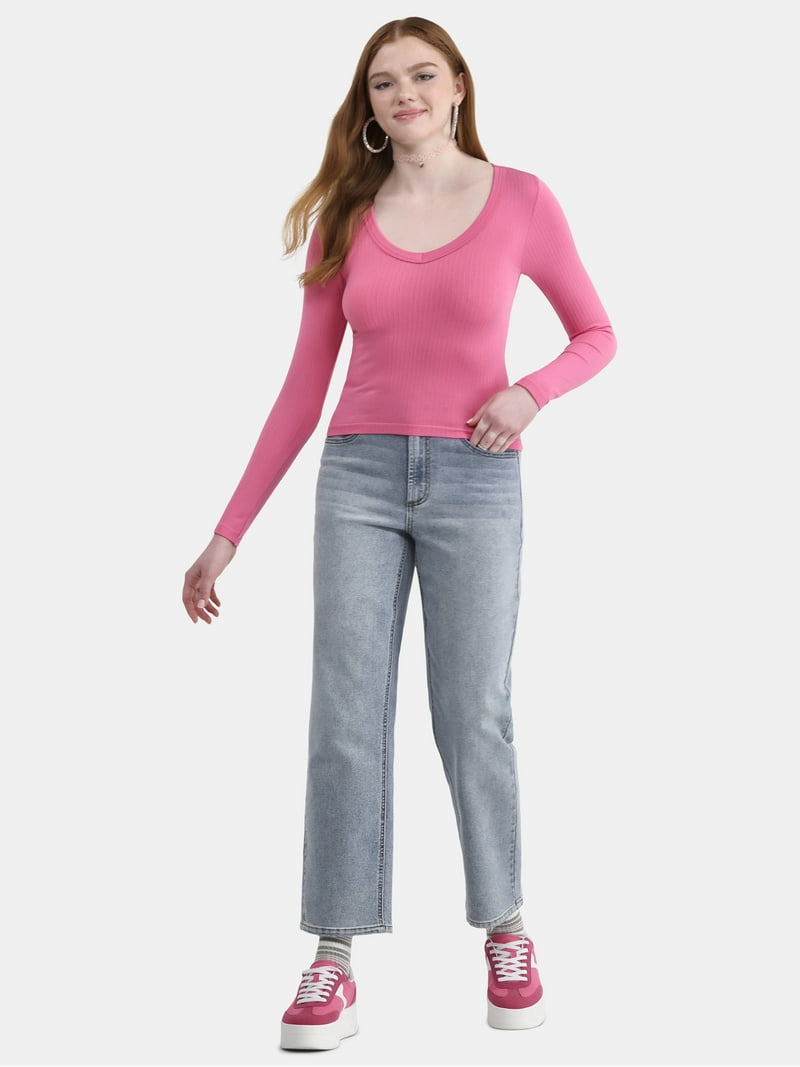 No Boundaries Women's Seamless V-Neck Ribbed Long Sleeve Slim Fit