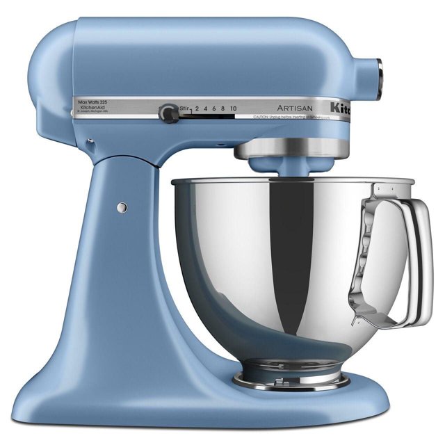 Blue KitchenAid Artisan Series 5-quart tilt-head stand mixer featuring a stainless steel mixing bowl and speed control knob