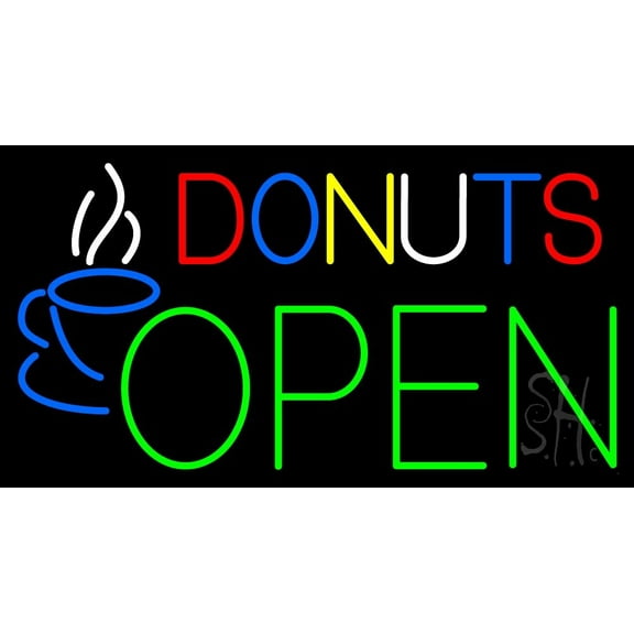 Donuts Open LED Neon Sign 13 x 24 - inches, Clear Edge Cut Acrylic Backing, with Dimmer - Bright and Premium built indoor LED Neon Sign for restaurant window and interior decor.