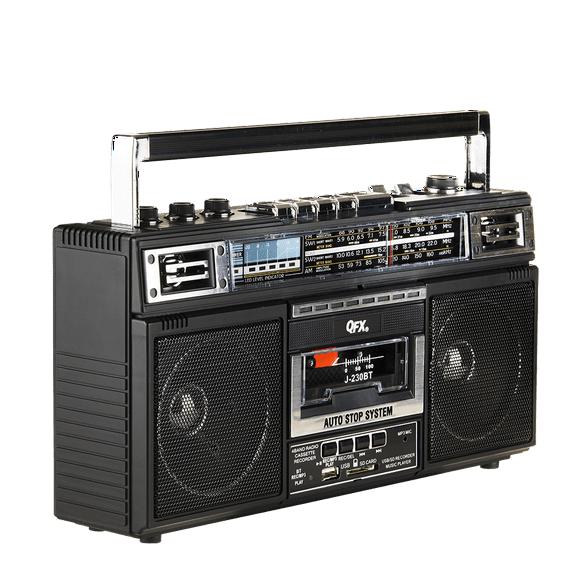 QFX J-230BT RECHARGEABLE CASSETTE AM/FM/SW1-2 RADIO BLUETOOTH BOOMBOX WITH USB RECORDING