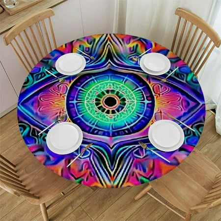 

SHERONV Psychedelic Art Round Tablecloth 100% Polyester Table Cover with Elastic Edge for Indoor and Outdoor Use - Ideal for Restaurants Weddings Parties 31 -35