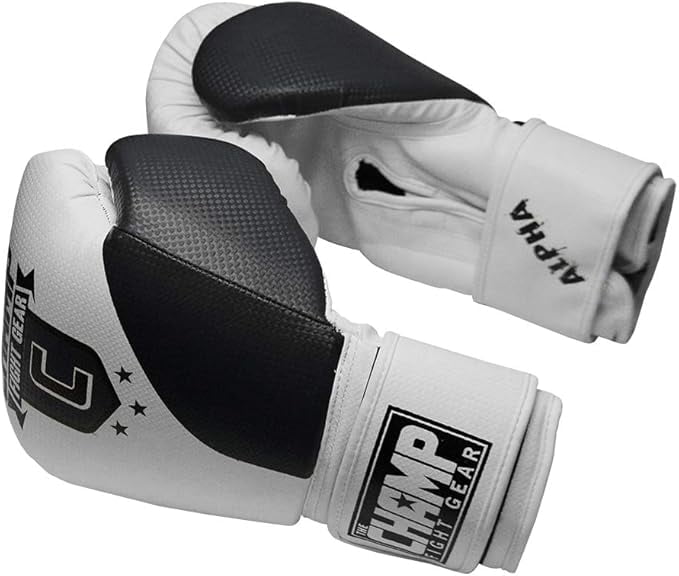 The Champ Fight Gear Alpha Series Boxing Gloves with Wrist Support for Boxing Kickboxing Muay Thai Training or Sparring Punching Bag Mitts,Black/White, 12Oz