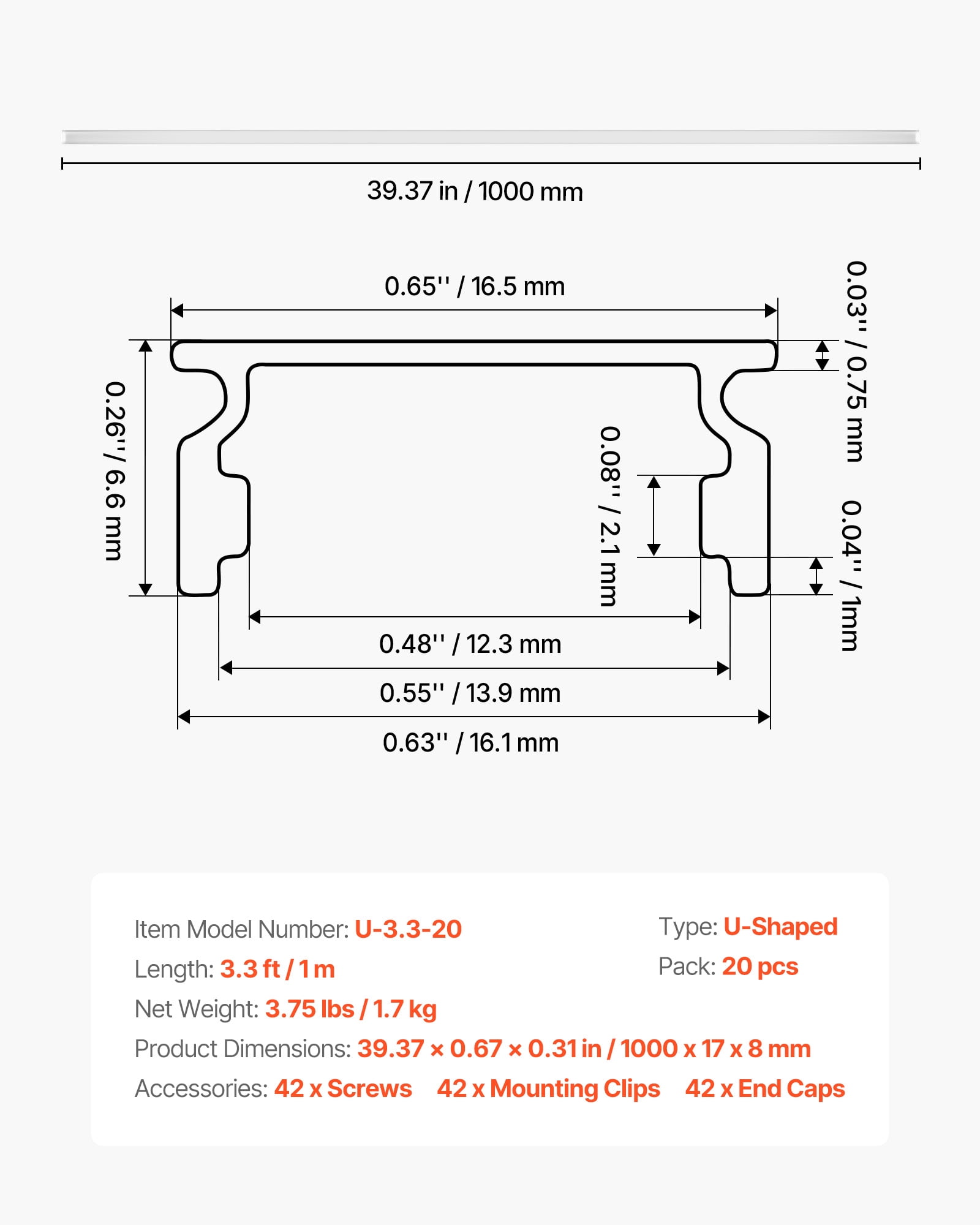 VEVOR 20-Pack 3.3 ft/1M U Shape LED Aluminum Channel, with Milky Cover, End Caps and Mounting Clips, Aluminum Profile for LED Strip Light Installations, Easy Installation, for Under Cabinet Counter