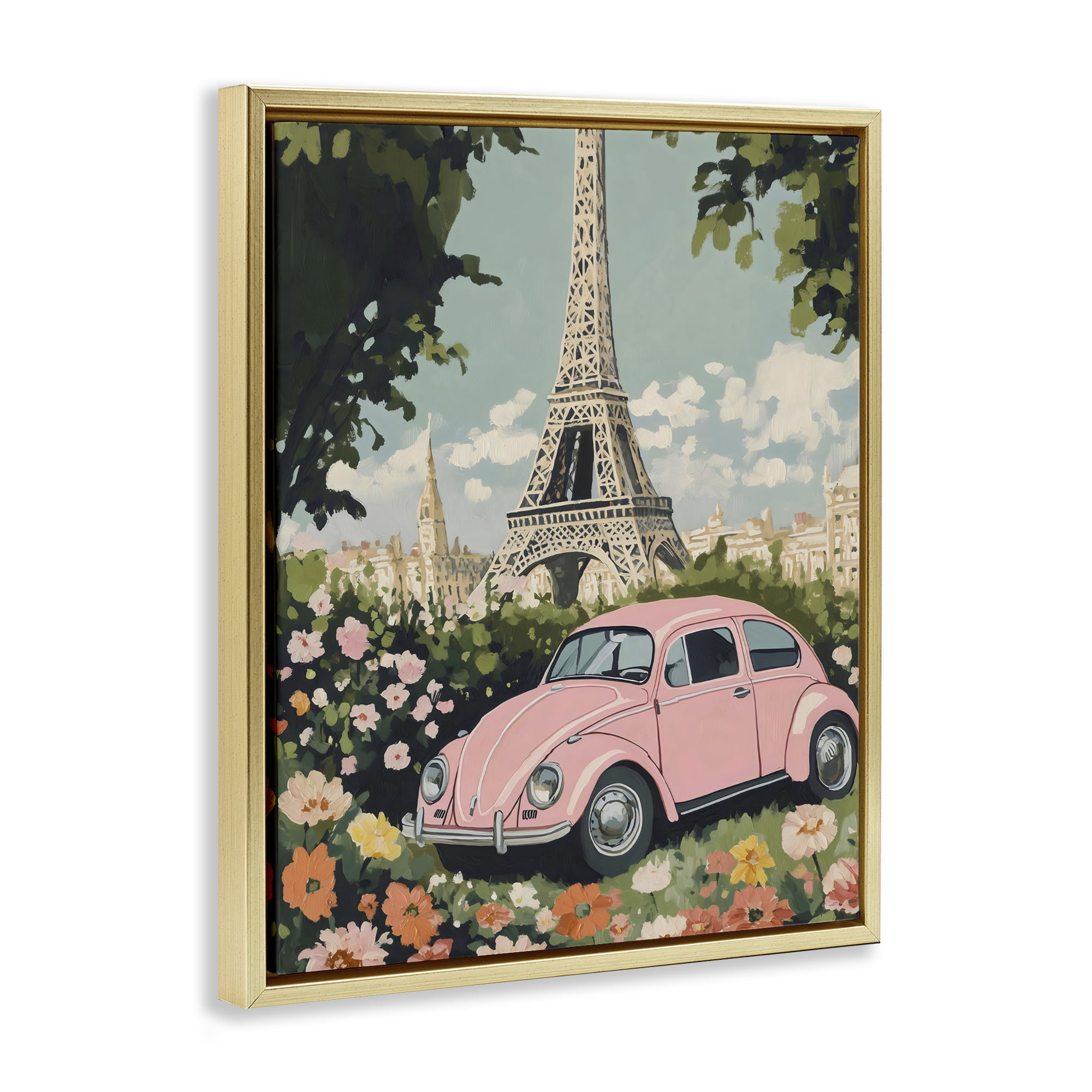 Stupell Industries Paris Pink Car in Bloom Gold Framed Floater Canvas Wall Art, design by The Prints Vibe