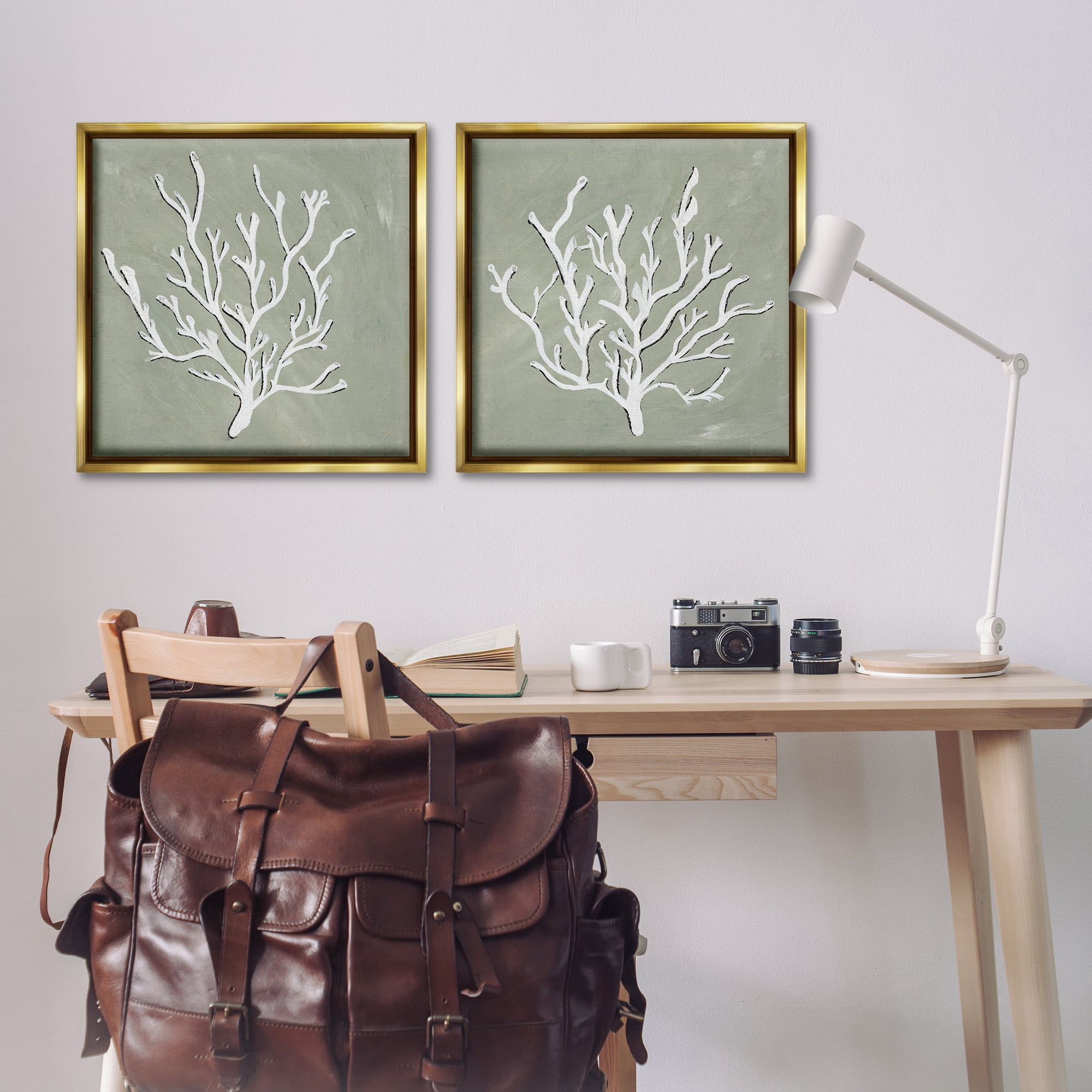 Stupell Industries White Coral Sketch Nautical & Beach Painting Gold Floater Framed Canvas Art Print Wall Art, 25 x 25, Set of 2