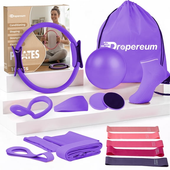 Pilates Essentials Kit for Women - Better Yoga Pilates Kit for Home Workouts with Pilates Ring and Ball Set,Booty Bands,Figure 8 Resistance Band,Yoga Bands 16 pieces Purple color
