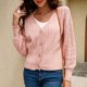 thumbnail image 4 of Suéter De Punto Corto Botón Ahuecado Cuello En V Puff Manga Larga Cárdigan Casual Para Mujer Rosa L, 4 of 7