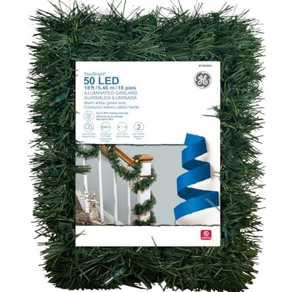 GE Stay Bright LED Illuminated Garland, 18 ft., 50ct 5.5mm Lights, Warm White 84826