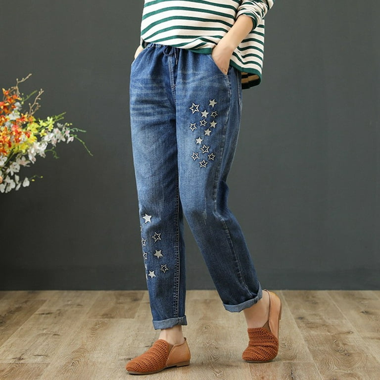 Women Casual Comfortable Literary Embroidery Elastic High Waist
