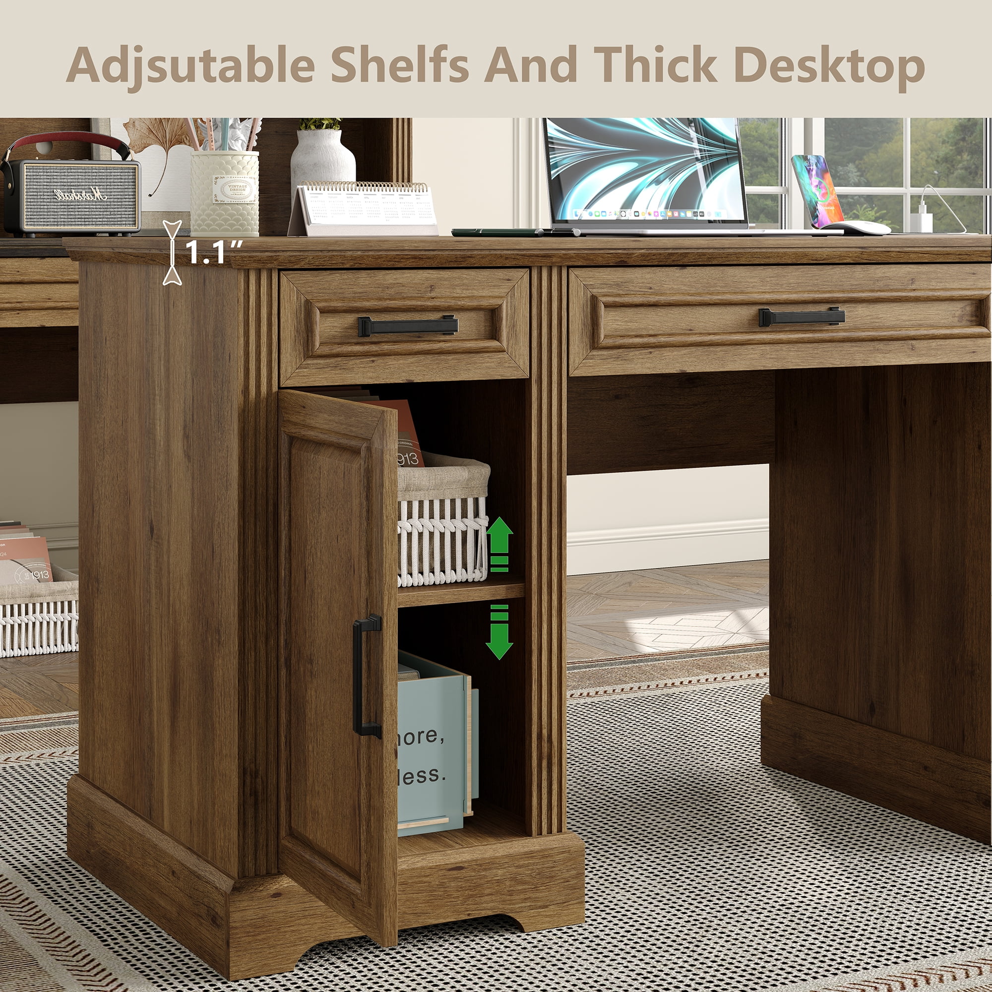 Furnihold 58"W Executive Desk with Outlet and 5 Drawers, Farmhouse Computer Desk, Wooden Home Office Desk, Workspace for Work Study Writing, Brown