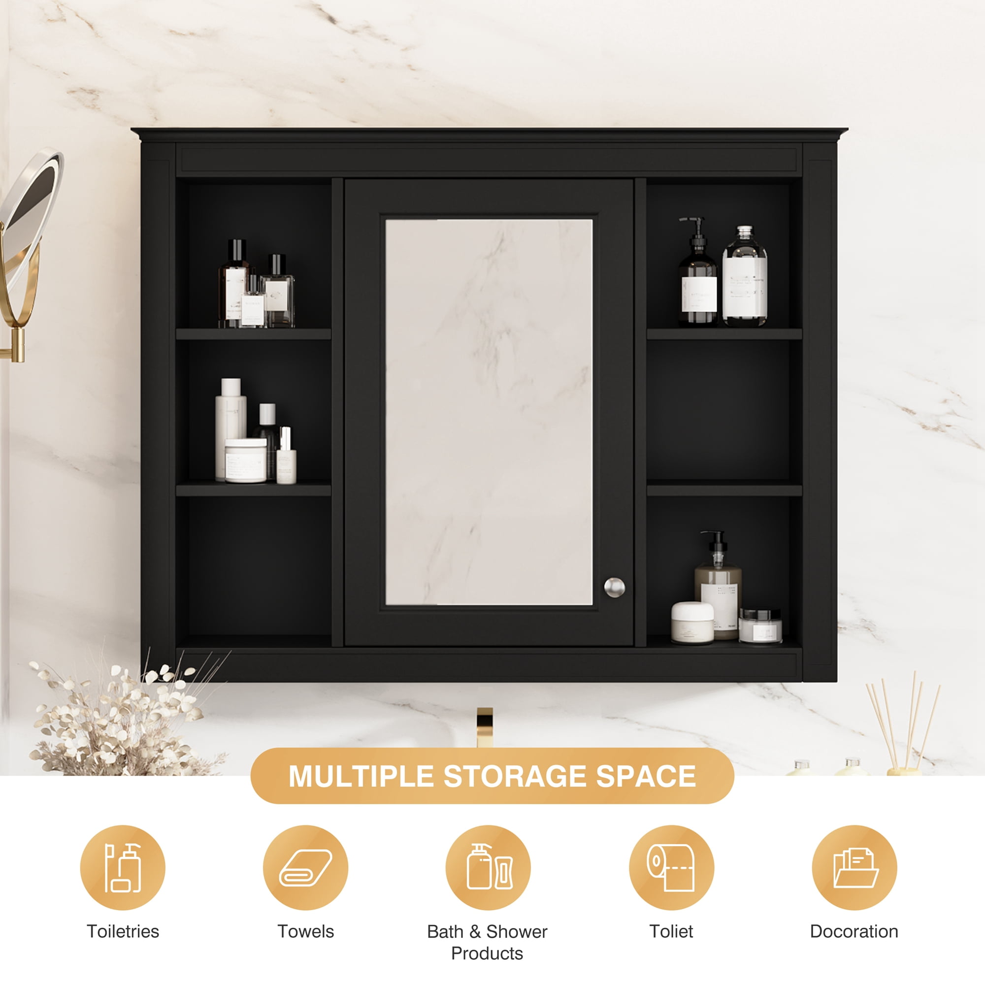 Euroco 35'' x 27.5'' Medicine Cabinet, Wall Mounted Bathroom Storage Cabinet, Modern Bathroom Wall Cabinet with Mirror, Mirror Cabinet with 6 Open Shelves (Not Include Bathroom Vanity )