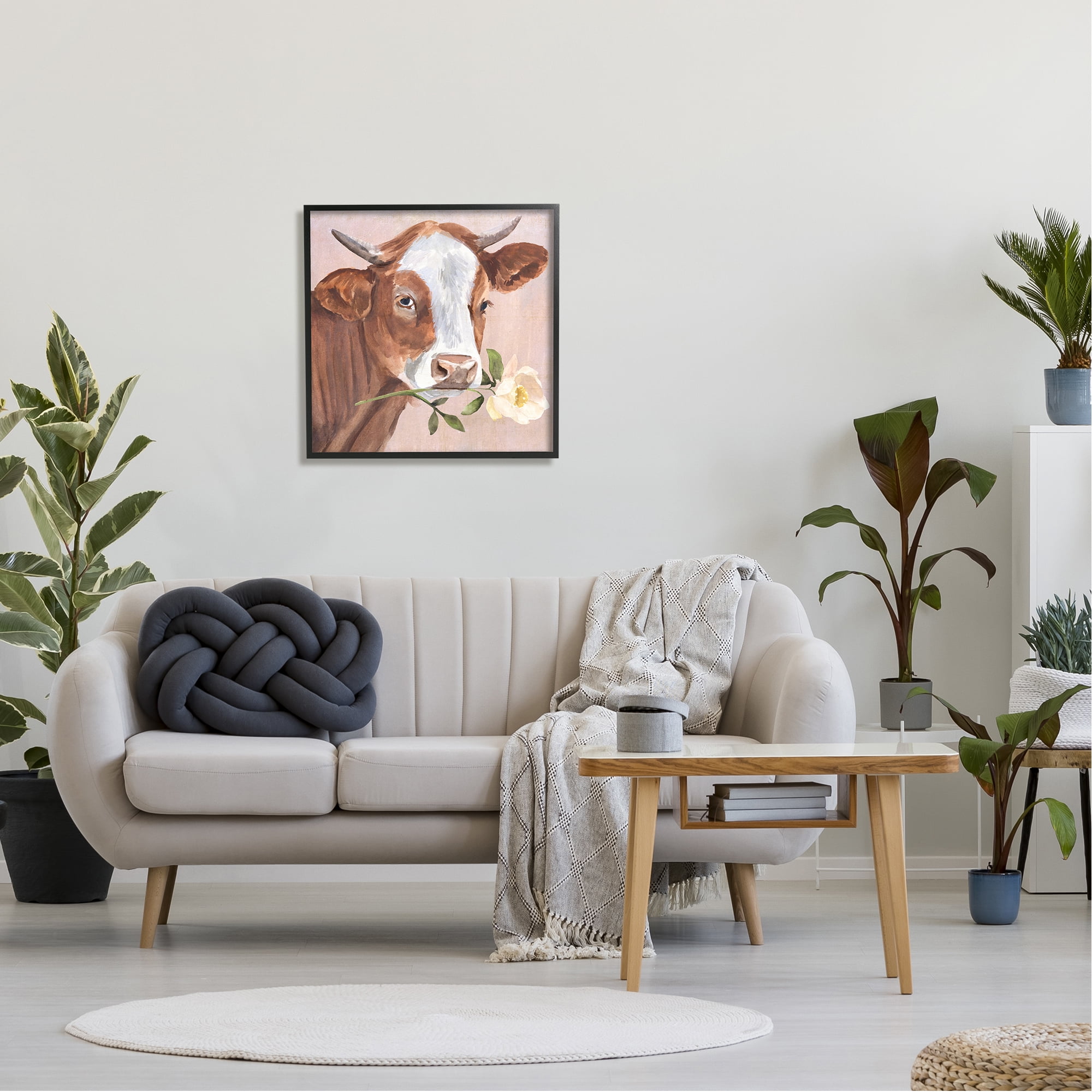 Stupell Industries Cow & Rose Blossom Animals & Insects Painting Black Framed Art Print Wall Art, 24 x 24