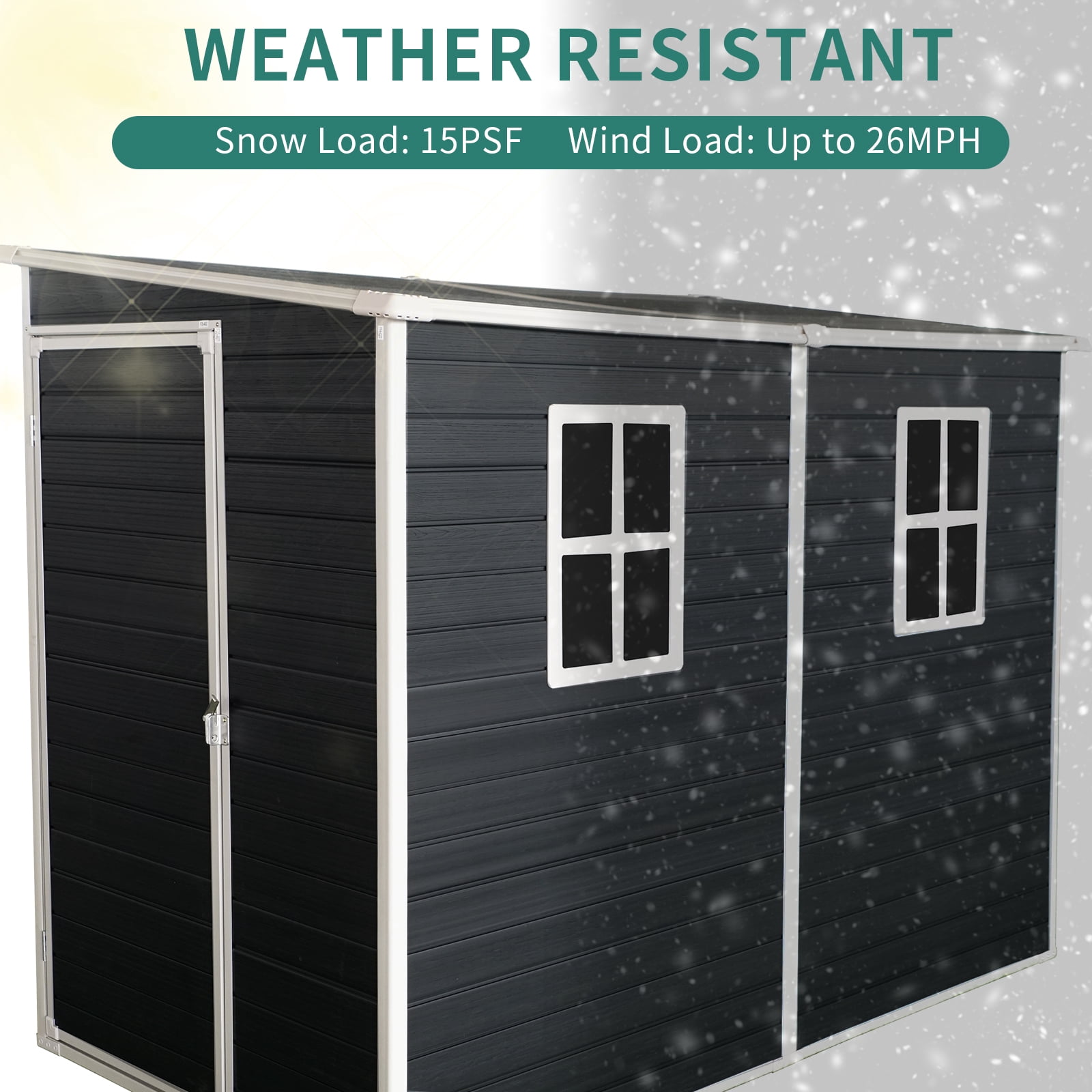 8x4 ft Outdoor Resin Garden Shed with Door, Floor and 2 Windows, Plastic Patio Outdoor Storage Shed with Lockable Door for Garden Tools, Bicycles, Trash Cans, Black