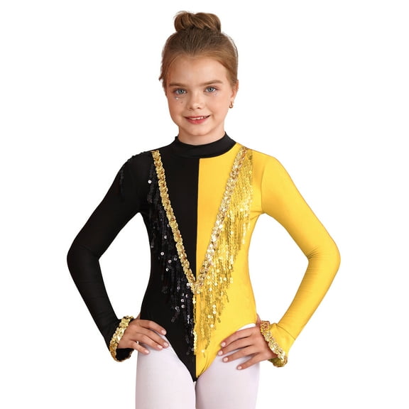 CHICTRY Kids Girls Circus Trapeze Leotard Long Sleeve Sequins Bodysuit Halloween Cosplay Party Costume Jumpsuit Yellow 8