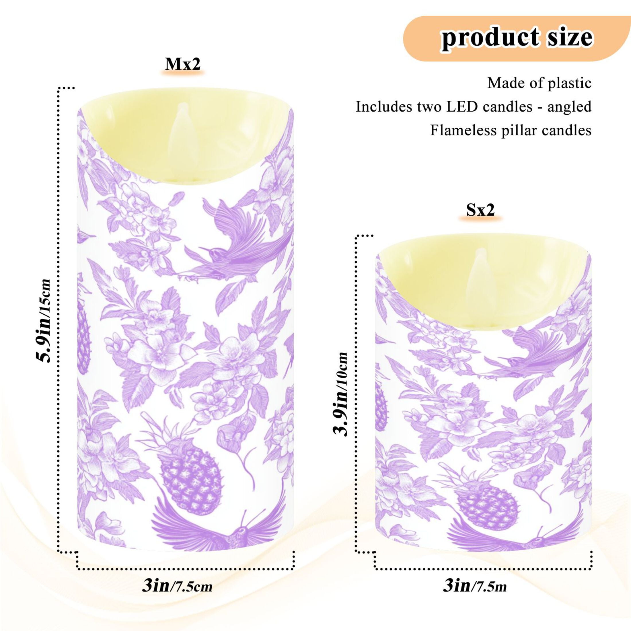 2 PCS Tilted Flameless Candles Flickering LED Lights Battery Operated Candles with Remote Timers for Holiday Decor Lilac Floral Motifs