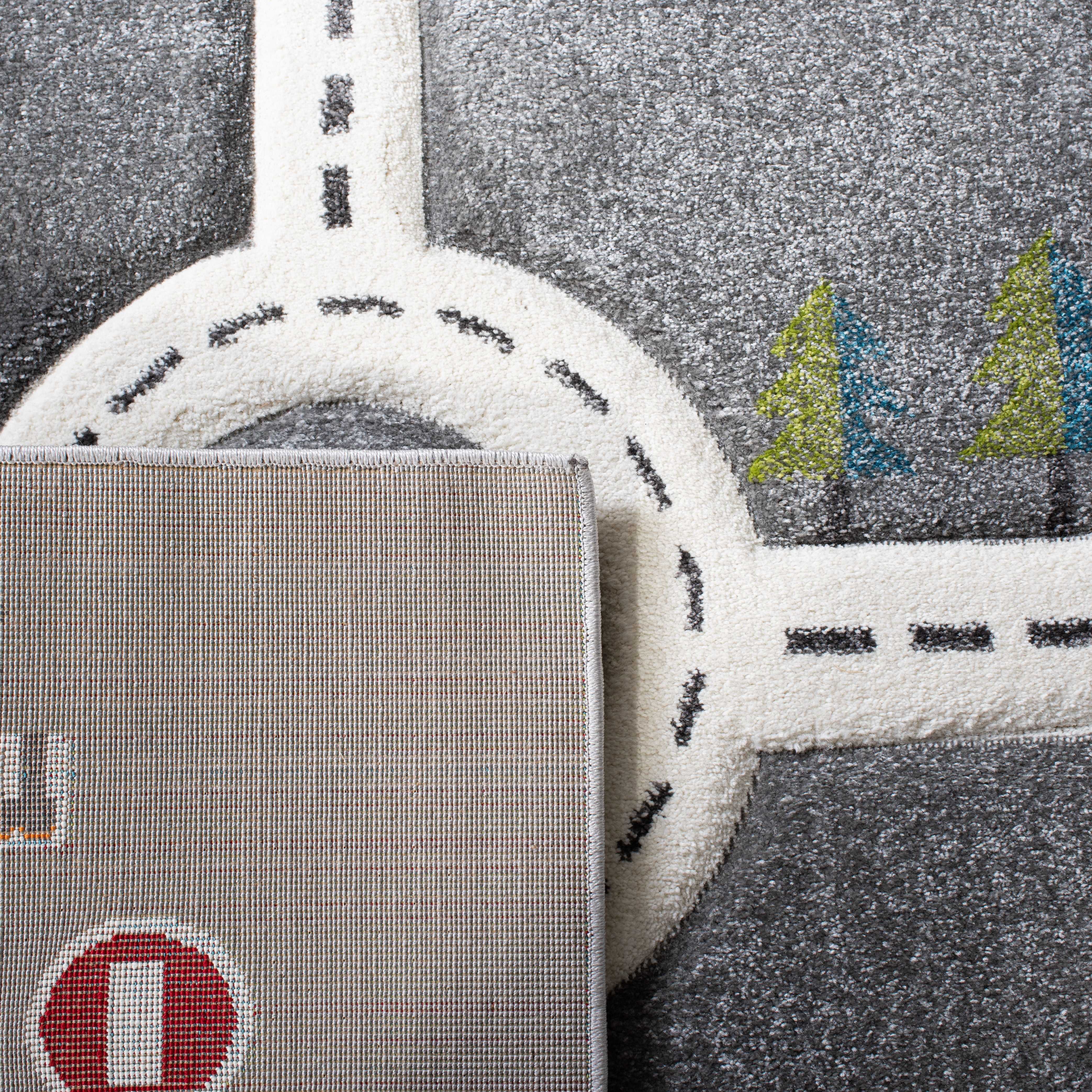 SAFAVIEH Carousel Kids Devan Train Track Area Rug, Gray/Ivory, 5'3" x 5'3" Round