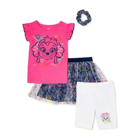 Paw Patrol Baby and Toddler Girls Top, Skirt, Biker Shorts and Scrunchie, 4-Piece Set, 12 Months-5T