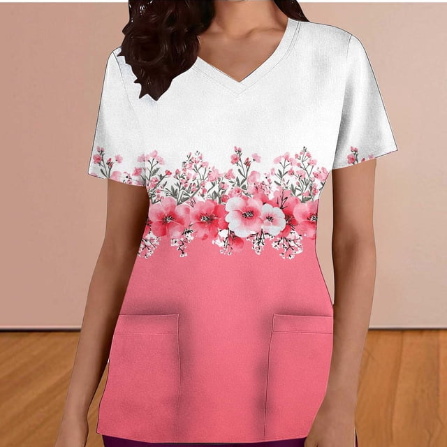 Jacenvly Hauts pour Femmes Liquidation Mode Décontractée Col en V Imprimé Saint-Valentin Manches Courtes Robe d'Infirmière avec Poche Hauts et Blouses pour Femmes