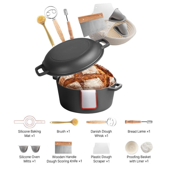 Cast Iron Dutch Oven 5 Quart 2 in 1 Pre Seasoned Pot with Frying Pan Lid Heat Resistant to 500F Oven Safe Includes Proofing Basket Bread Baking Accessories