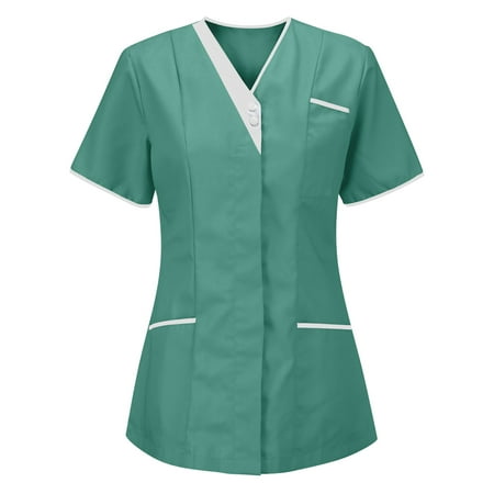 

DNDKILG Solid Color Scrubs for Women V Neck Workwear Uniform Short Sleeve Pockets Scrub Tops Mint Green S