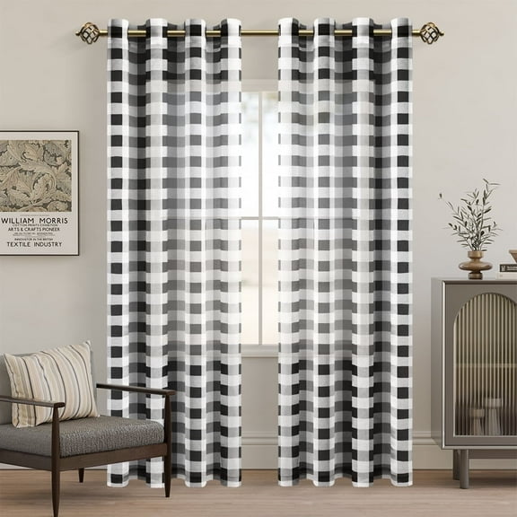 XWZO black and white Sheer Plaid Curtains 84 Inch 2 Panels for Living Room, Farmhouse Buffalo Checkered Light Filtering Grommet Window Curtain Drapes for Bedroom, 52" x 84"
