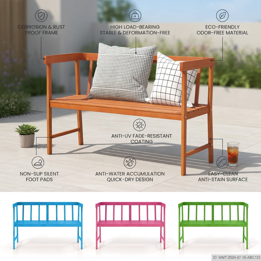 Hommoo Eucalyptus Wood Outdoor Bench with Backrest & Armrests, 2-Person Garden Patio Bench, Natural