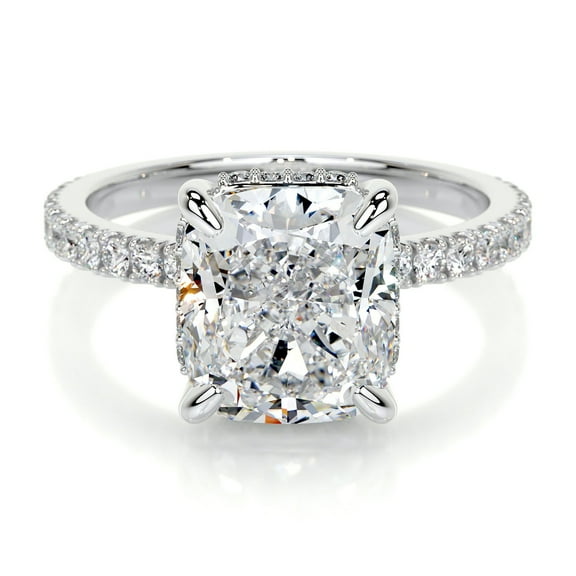 Blue Jewelry 2 Ct Cushion Cut Hidden Halo Eternity Diamond Ring - 14K White Gold Plated with Lab Moissanite - Graceful Engagement Ring for Women - Ideal for Gifting and Anniversaries