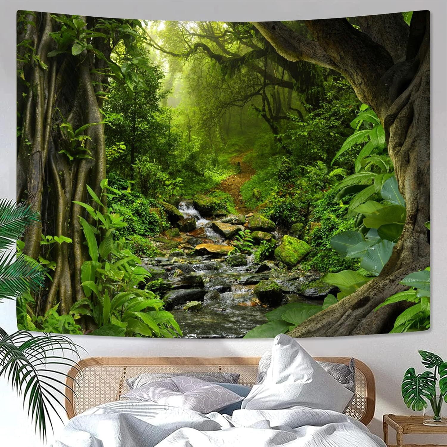 Green Rainforest Tapestry Nature Forest Tapestry for Bedroom Aesthetic Misty Tropical Jungle Trees Flowing Stream Landscape Tapestries Wall Hanging for Living Room Dorm 60 x 40 Inch