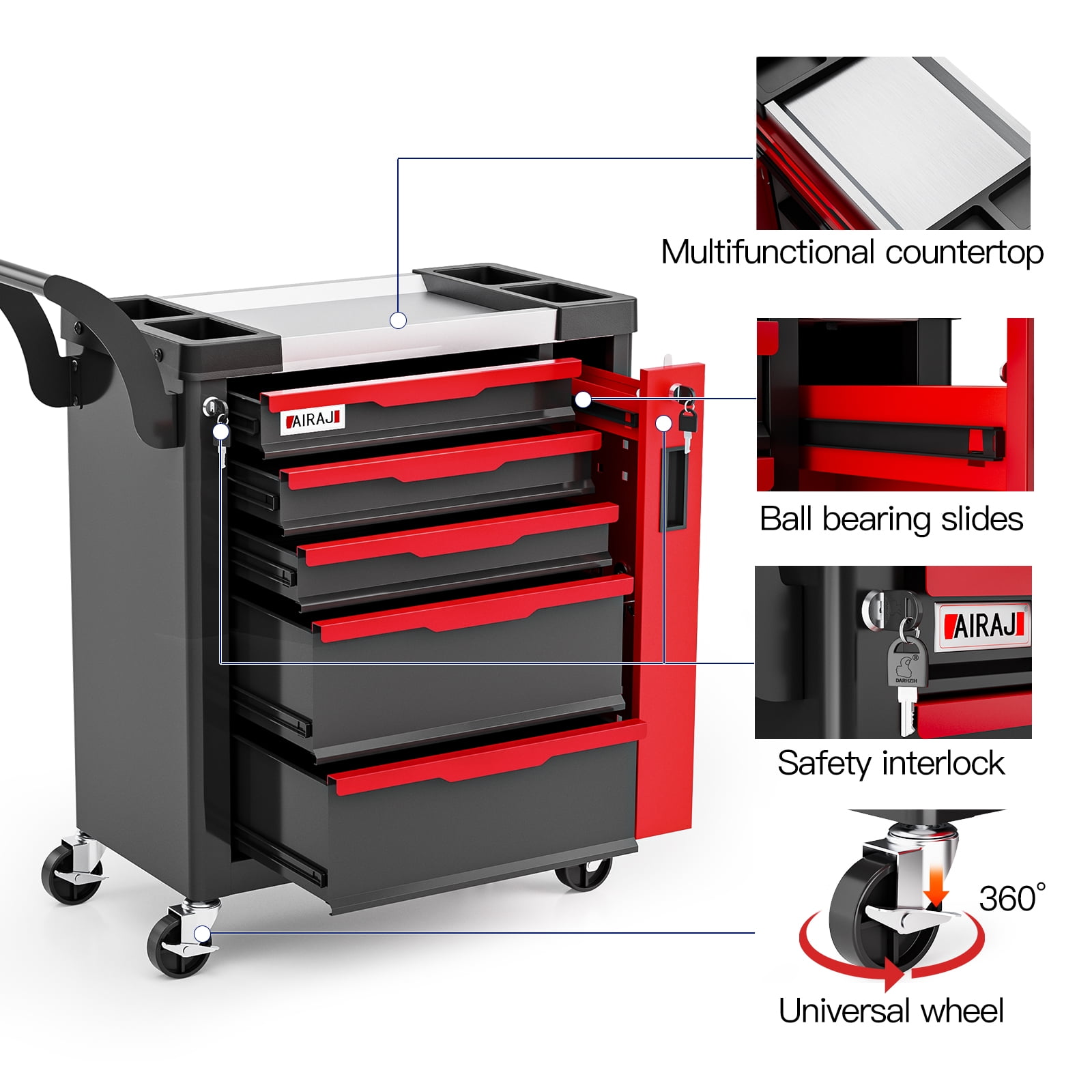5-Drawer Rolling Tool Chest with Lock, Large Mobile Tool Cart & Cabinet for Garage Workshop Storage,Tool Box Red