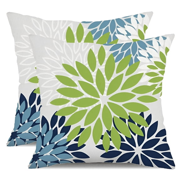 AUQ 2026 New Green Blue Flower Pillow Covers 16X16" Set of 2 White Gray Colored Throw Pillows Outdoor Waterproof Decor for Living Room Sofa Patio Furniture Garden Floral Linen Cushion Case