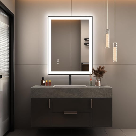 Bathroom Mirror LED Bathroom Mirror 28 x 20 Inches with Front and Backlit,Anti-Fog,3 Colors and Dimmable Light,Tempered Glass,Bathroom Wall Mirror