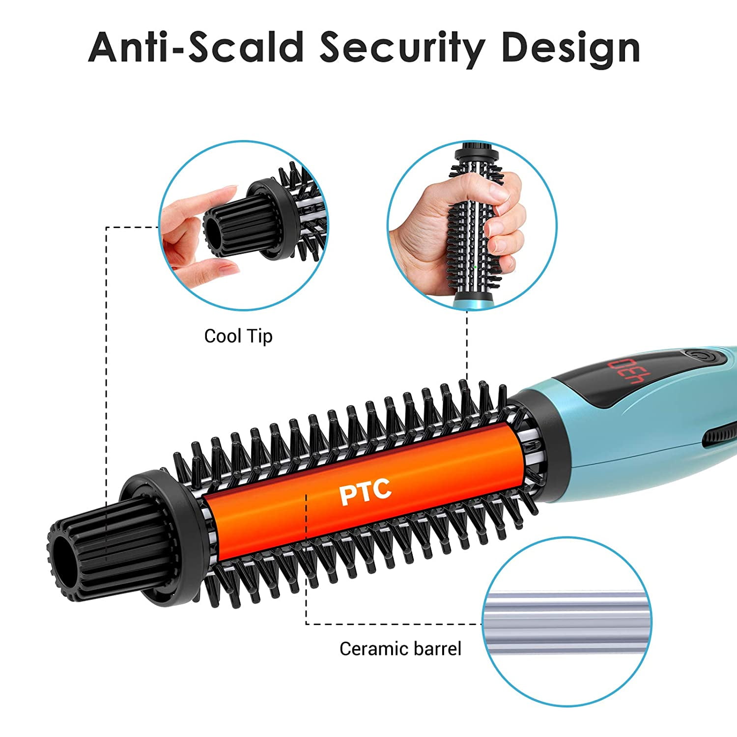 Sea-Maid Curling Iron 1 inch Thermal Brush with LCD Display & Adjustable Temperature Hair Comb for Curls or Waves,Blue