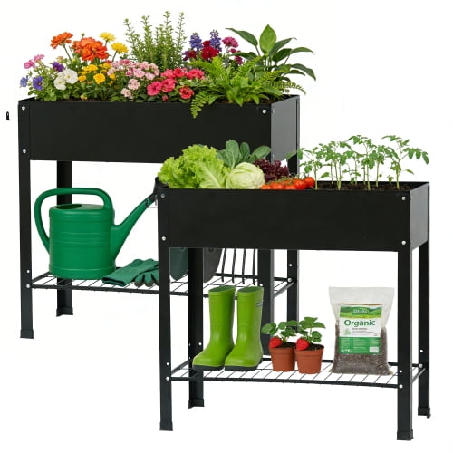 2 Pcs Jardinière Surélevée avec Pattes, Jardinière Surélevée avec Pattes Bac de Plantation en Métal, Bac de Plantation Surélevé Extérieur, Bac de Plantation de Jardin Extérieur Bacs Surélevés avec Tablette de Rangement