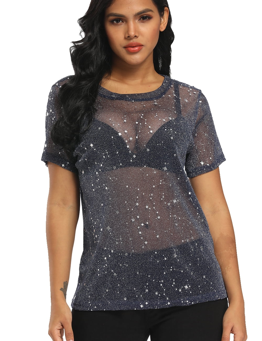 Dilgul Women S Star Mesh See Through Mock Neck Long Sleeve Tops Tee T Shirt 2xl