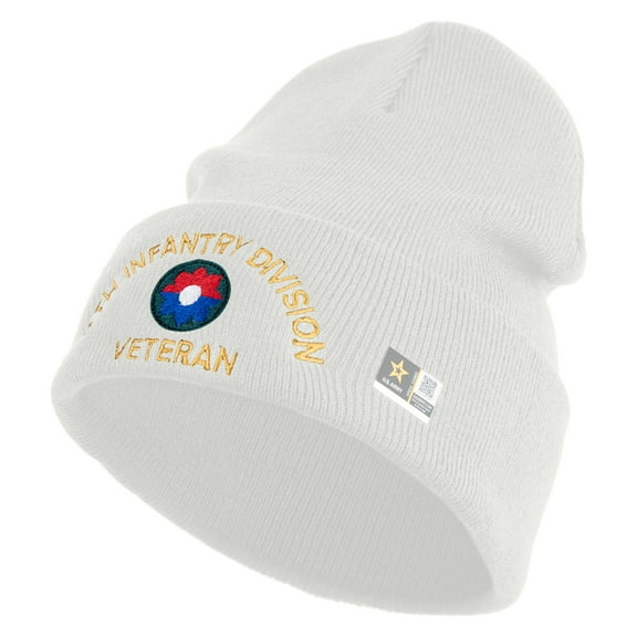U.S. Army 9th Infantry Division Logo Embroidered 12 Inch Solid Knit Cuff Long Beanie Made in USA - White OSFM